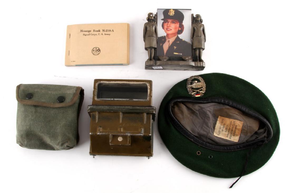 US GERMAN MILITARY LOT BAMBERGER TANK PERISCOPE: Mixed US & German military lot. Includes: West German Bamberger beret with Panzer badge (XI/1979) size 60, tank periscope, M-210-A Signal Corps message book, Woman military photo stand, and a green ca