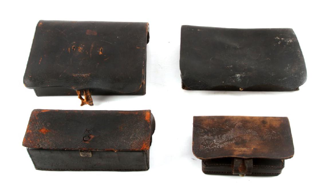 LOT OF CIVIL WAR CARTRIDGE & FUSE LEATHER CASES: None have insignia a couple have old impressions of it. Measures 6 by 8 inches largest and 4 by 3 smallest, all are very good.