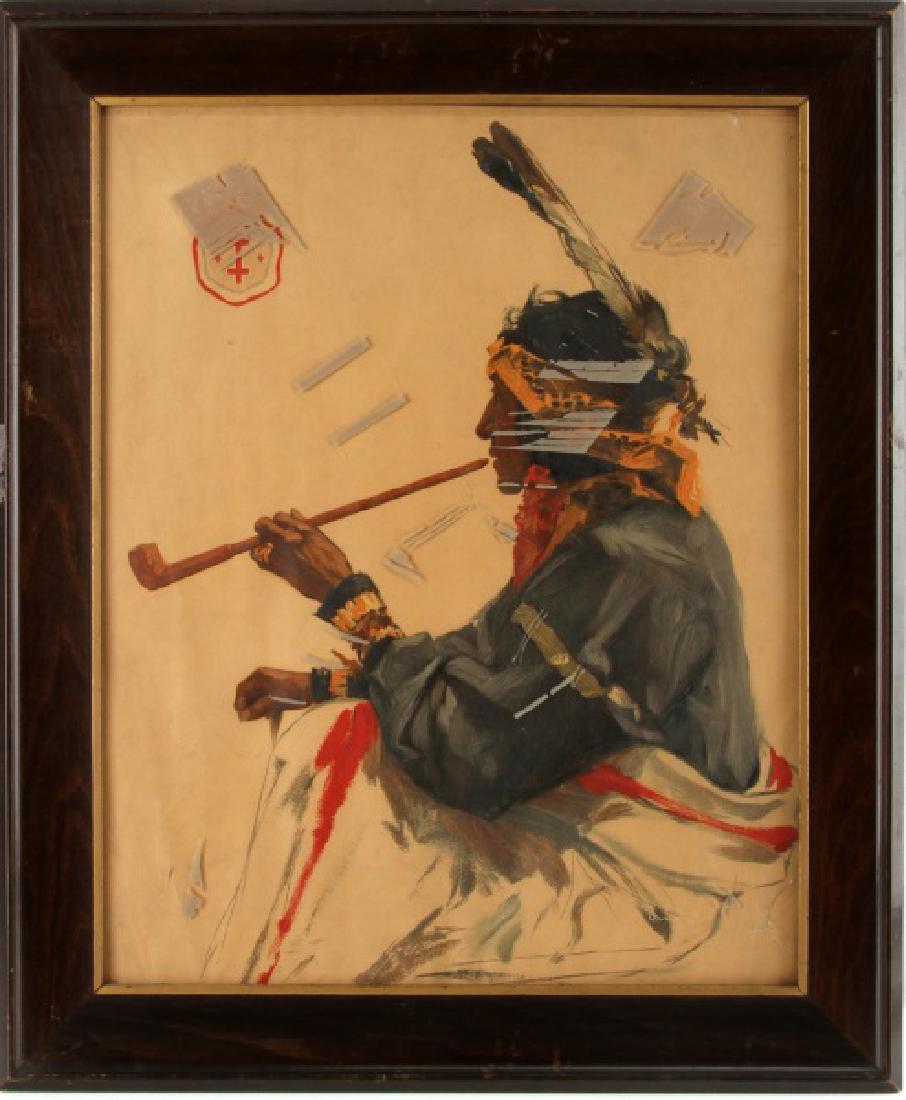 FRAMED NATIVE AMERICAN ART COLORED SKETCH SHAMAN: Framed 24 1/4" x 20 1/4" Native American hand sketched and colored art of a Shaman with his pipe. Tape residue on glass, some wear and tear to the print itself. Frame is worn on back, possible water d