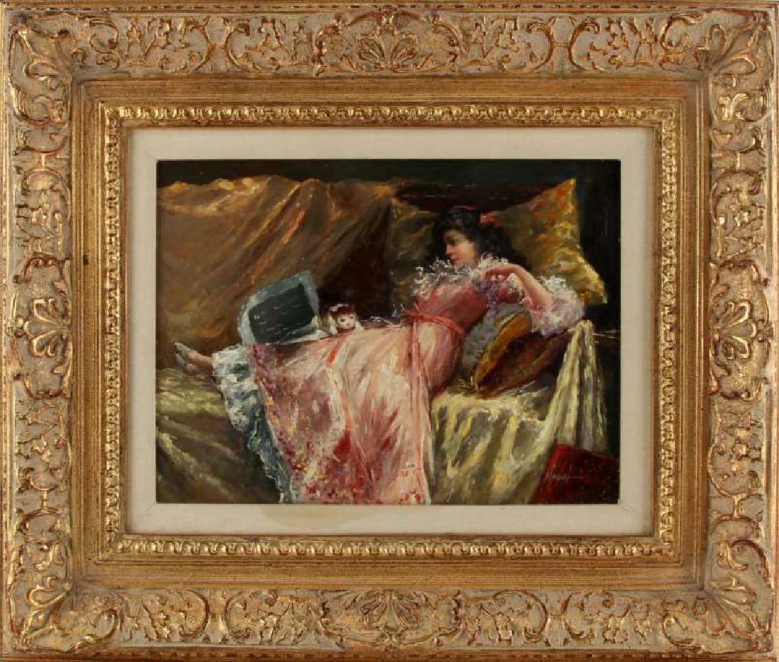ORIGINAL OIL ON BOARD PAINTING SIGNED NAGEL WOMAN: Depicts a reclined woman with kitten and newspaper. Vibrant colors and texture. Signed "Nagel" to LR. Frame measures 26 by 22 inches. Stretcher measures 17.5 by 14 inches. Some discoloration to bottom