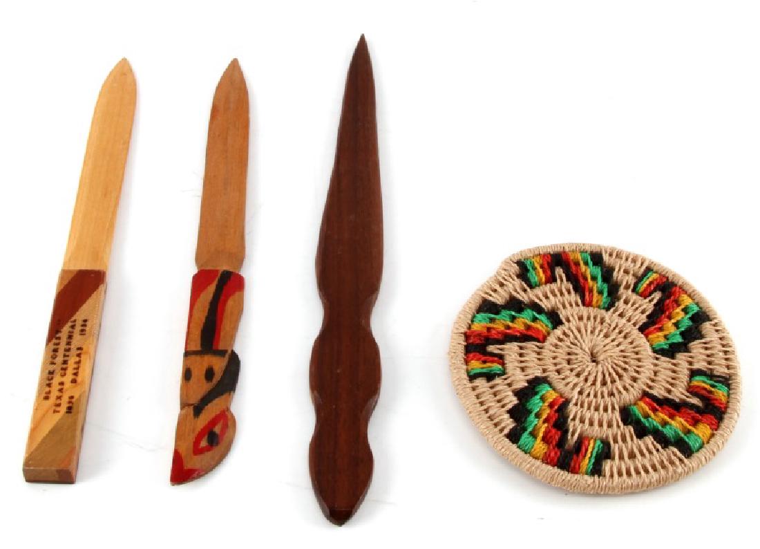 LOT 3 VINTAGE WOODEN LETTER OPENERS & FLAT BASKET: Lot of three (3) vintage or older wooden letter openers ranging from 8 3/4" - 10": 1) one plain brown, 2) one with an animal totem, and 3) one etched with "Black Forest Texas Centennial 1836 Dallas 19