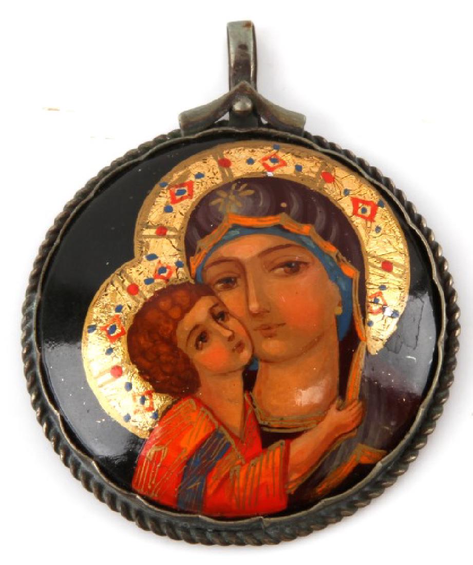 ANTIQUE PAINTED BYZANTINE MADONNA & CHILD PENDANT: Antique hand painted Madonna & Child pendant (Likely a Russian orthodox relic) paint embellished with gold halos and properly coated with a finishing gloss. Marked on obverse in three lines of Russian