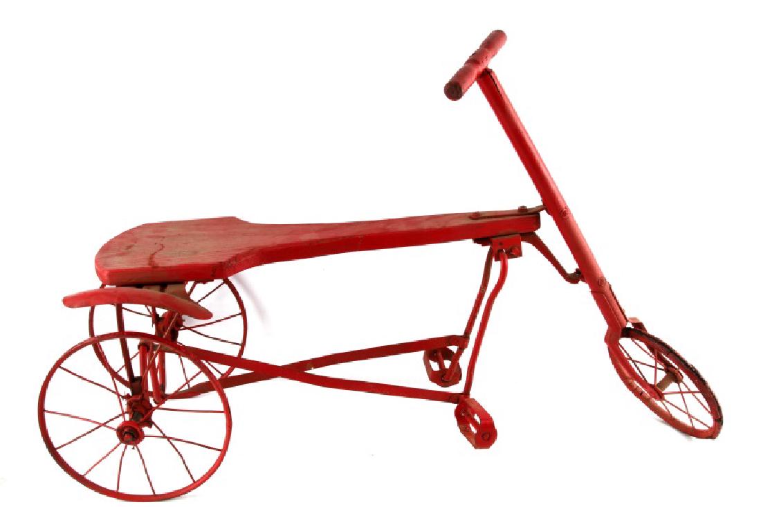 ANTIQUE RED WOODEN VELOCIPEDE TRICYCLE