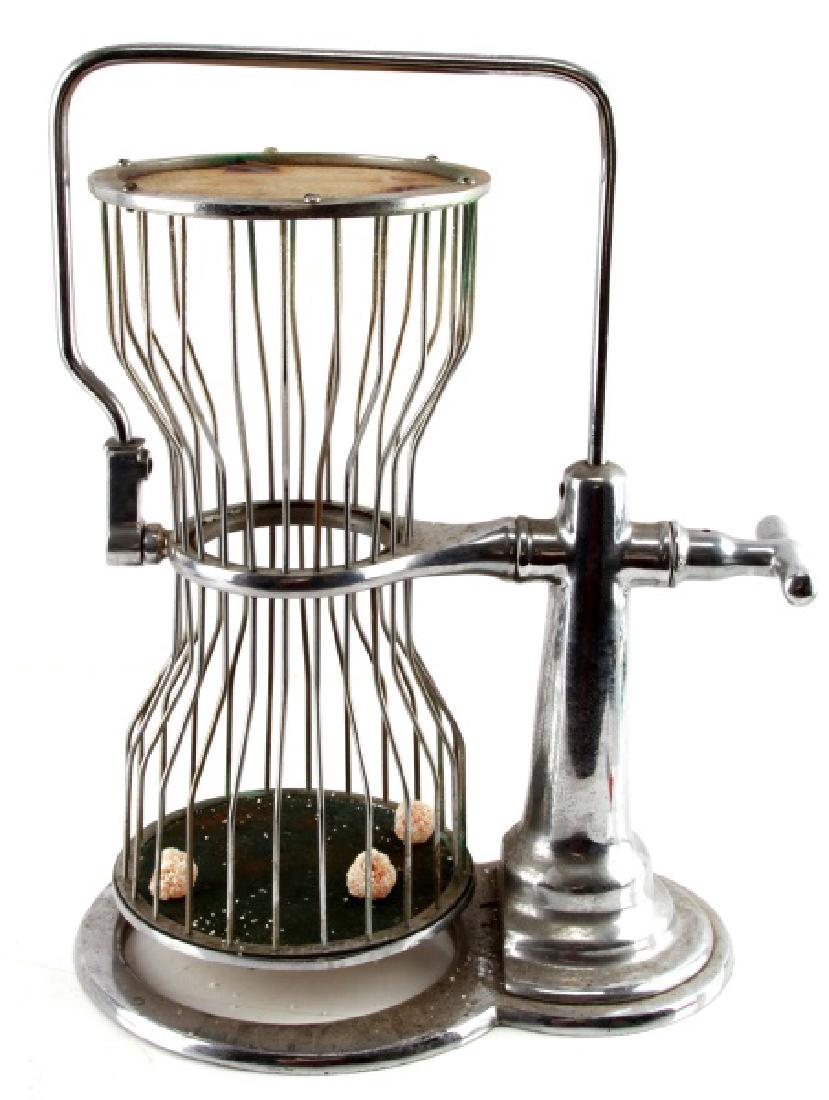 VINTAGE CHUCK A LUCK DICE GAMBLING CAGE: 18 1/4" tall, 14" across, and 9 1/2" deep. In good condition with some tarnish to metal and wear to felt interior. Dice are crystallized and in poor condition.