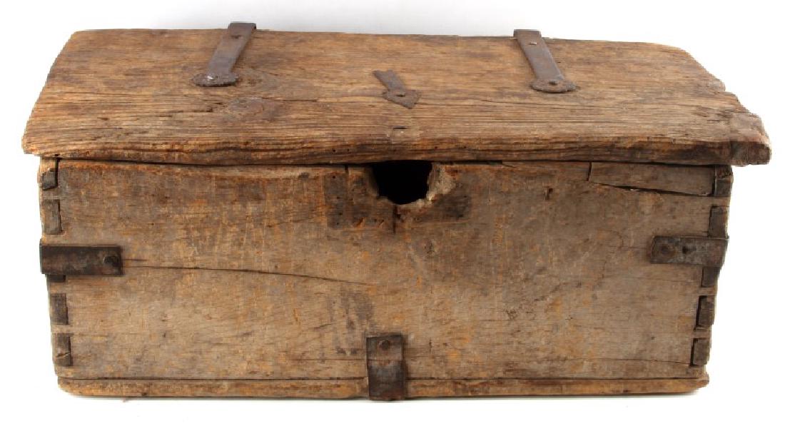 ANTIQUE HINGED WOODEN SPANISH TRUNK OR CHEST: Hinged wooden box. Measures approximately 23 1/2 wide 9" tall 11 3/4" deep. In very good condition, with hole in front where a lock may have been. Weighs 14.8 pounds. Please acquire third party shippi