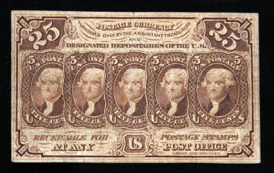1862 25C POSTAGE FRACTIONAL CURRENCY VF OR BETTER: 1862 25 cent postage currency. Condition is VF or better. Still contains crispness. No pin holes, tears, or rips.