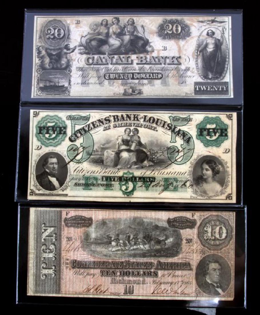 CONFEDERATE NOTE AND 2 OBSOLETE BANK NOTES: Lot of 3 notes. Includes a 1850's Canal Bank 20 CHUNC, Citizens Bank of Louisiana 5 Dollar 1857 CHUNC, and a Confederate States of America Richmond 10 1864 Fine.