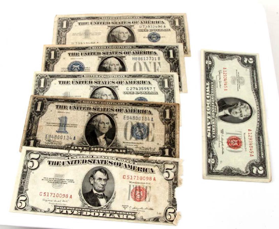 6 RED SEALS & SILVER CERTIFICATES W FUNNY BACKS: Includes: 1934 series silver certificate $1 bill funny back in good condition, heavily circulated; 1963 series red seal $2 bill XF with folds; 1935 E series silver certificate $1 XF; 1928 B series sil