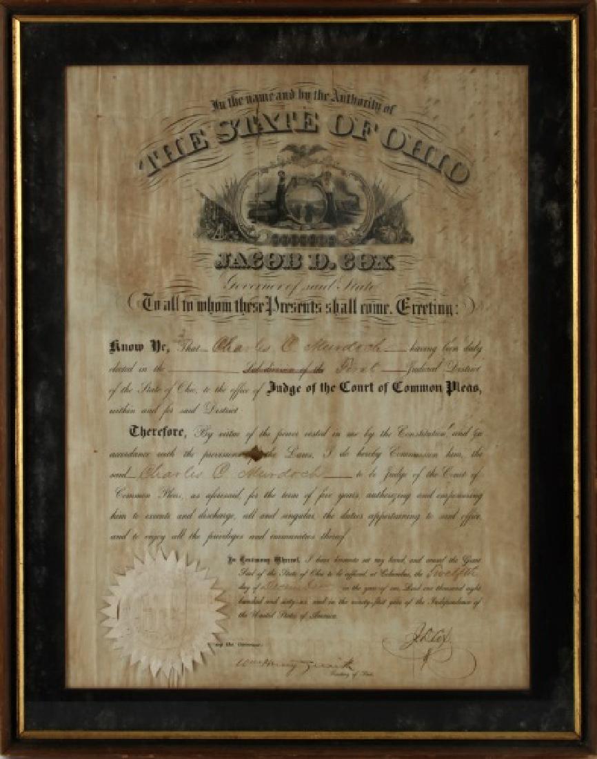 1866 OHIO GOVERNOR COX JUDICIAL ELECTION DOCUMENT: Governor Jacob D. Cox has signed into order the election of Charles C. Murdoch as Judge to the Court of Common Pleas in the First Judicial District in the State of Ohio on December 12th, 1866. Signed 