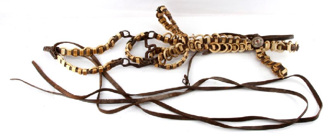 ANTIQUE FAUX BONE BRIDLE HEADSTALL DOG ROSETTES: Headstall and bit, intaglio hunting dog rosettes .