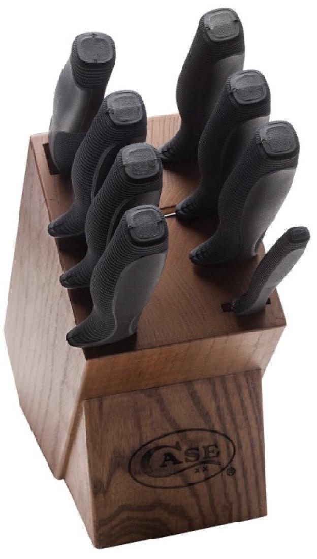 CASE XX NINE PIECE BLOCK SET BLACK HANDLES NIB: Case nine-piece knife set, image is stock. This lot has a reserve.