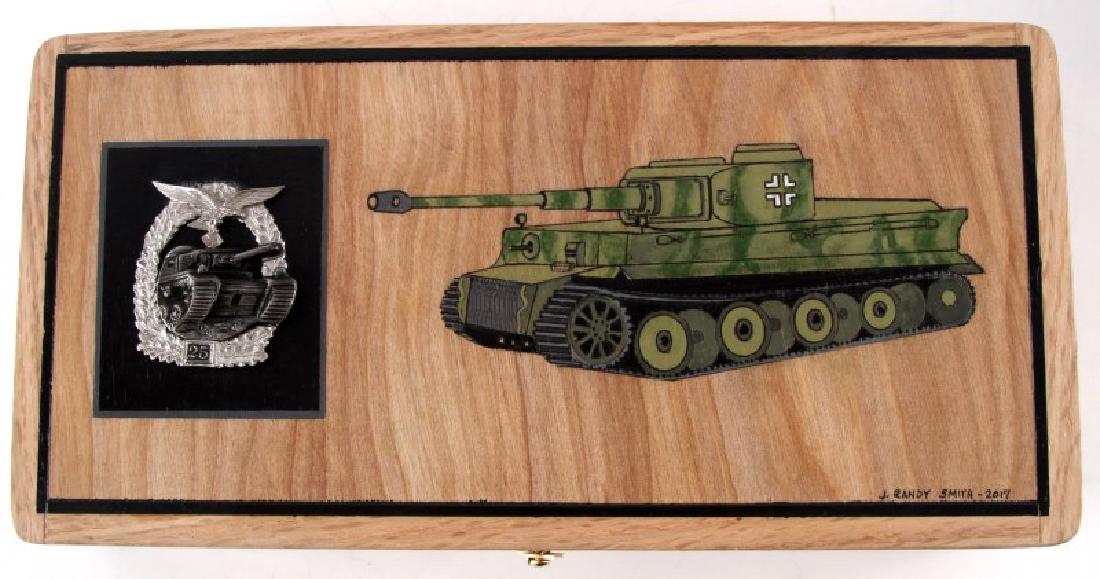 WWII HAND MADE TIGER TANK BOX J RANDY SMITH: Hand made box, with a Tiger Tank hand painted on the top. Measures 12" x 6". In excellent condition by Tallahassee-based artist J. Randy Smith. This lot has a reserve.