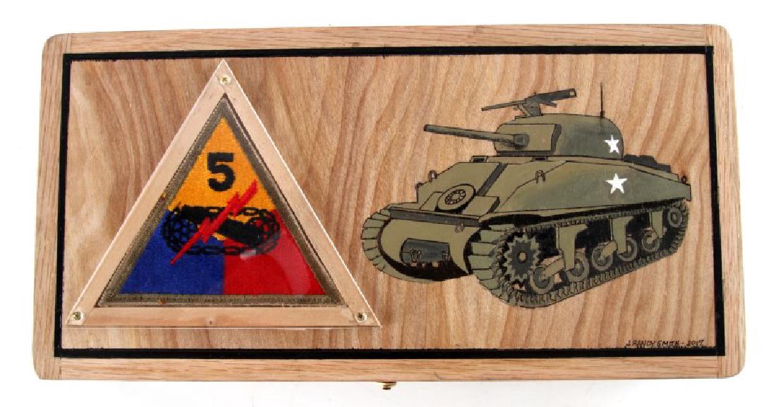 WWII HAND MADE SHERMAN TANK BOX J RANDY SMITH: Hand made box, with a Sherman Tank hand painted on the top. Measures 12" x 6". In excellent condition by Tallahassee-based artist J. Randy Smith. This lot has a reserve.