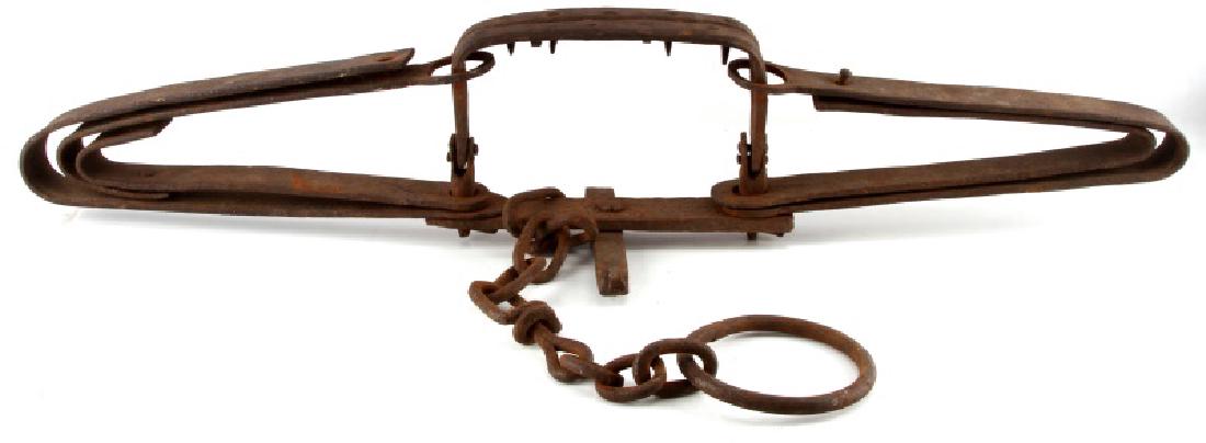 ANTIQUE 35 INCH BEAR TRAP 4 SPRING PROBABLE FORGED: Missing pain has nail like teeth, possibly blacksmith forged.