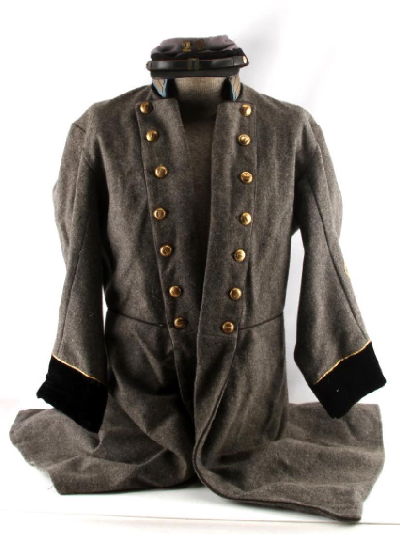 CIVIL WAR CONFEDERATE REENACTMENT UNIFORM & HAT: Confederate I Corps, Measures approx. 42" (total length) x 18" (arm length) x 22" (shoulder to shoulder). Hat liner and leather sweatband in good condition, with the name "F. Rogers" written inside be