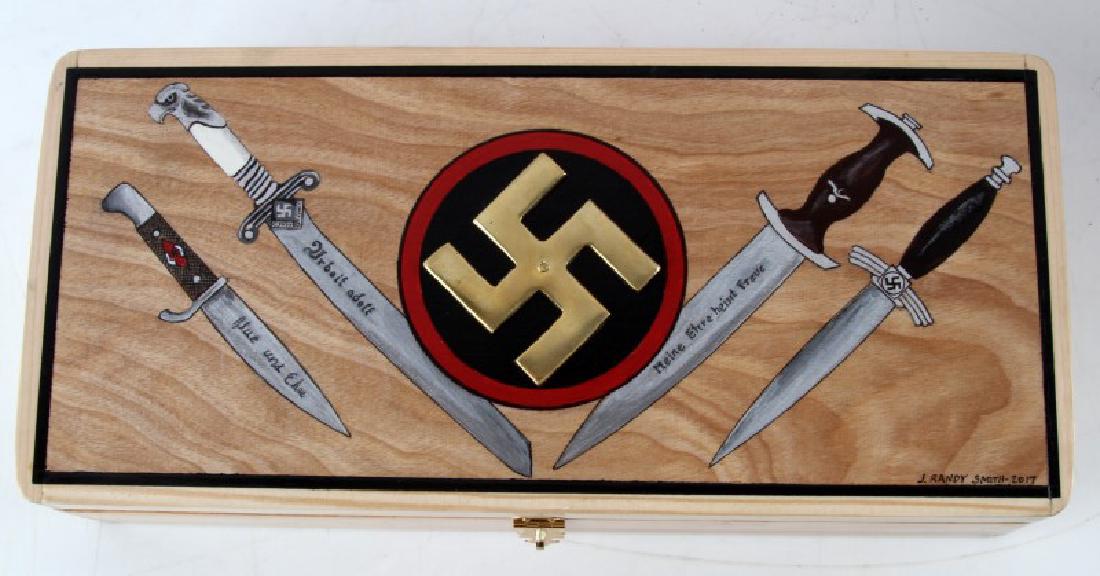 GERMAN WWII HAND MADE DAGGER TREASURE BOX: Modern German WWII dagger themed treasure box made by the artist J. Randy Smith. Constructed of birch and pine which was hand milled by the artist. Solid brass features. Exterior shows brass swastika 
