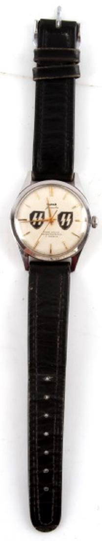 GERMAN WWII 3RD REICH WAFFEN SS WRIST WATCH HMT: WWII German Third Reich period HMY Janata Waffen-SS Panzer Division "Totenkopf" wrist watch. The watch is original, but strap has been replaced with a new leather one. Some age wear, but in good worki