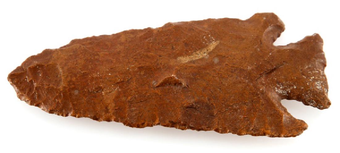 ARCHAIC LOST LAKE ARROWHEAD POINT KENTUCKY TAN: Fine parallel flaking, smooth tan chert, from Kentucky. Measures 8 X 4 cm. COA from Flint River Trading Post included.