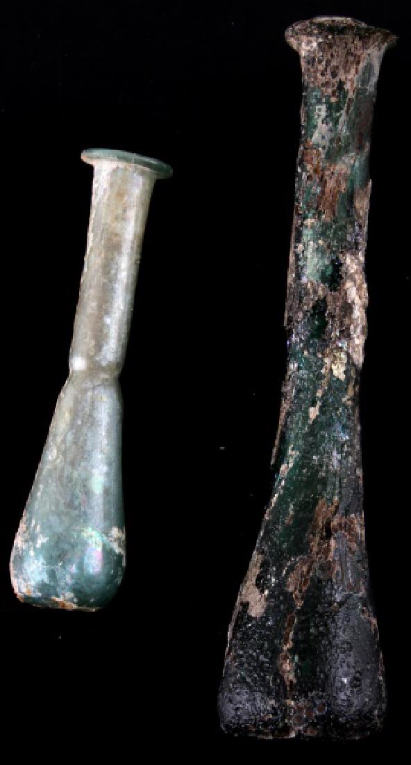 ANCIENT ROMAN GLASS FLASK VIAL LOT OF 2: 2 Roman Glass flask as found, open pontil measuring 6.5 and 4.5 inches.