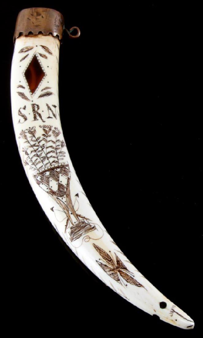 WALRUS NAUTICAL SCRIMSHAW 8.25 INCH 85 GRAMS: With copper cap and inlay. Provenance Ex: Maurice Berger Baton Rouge pre 1972 collection. We cannot ship international and please know your state regulations prior to bidding.