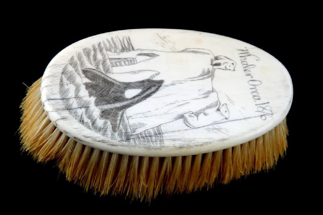 ANTIQUE SCRIMSHAW BRUSH WHALER ORCA 1876: Measures 5 inches walrus tusk, has considerable age but not 1876. Provenance Ex: Memphis pre 1972 estate. We cannot ship international and please know your state laws prior to bidding.