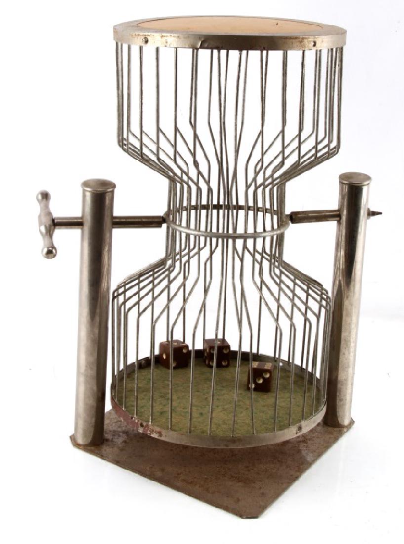 ANTIQUE CHUCK A LUCK GAMBLING DICE CAGE: Measures approximately 18" H x 12 1/2" W x 9" D. In very good condition with some tarnishing and wear to felt bottom. Please acquire third party shipping estimate prior to bidding.