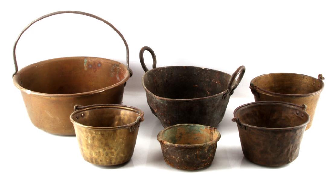 COLONIAL PERIOD TO POST CIVIL WAR BRASS KETTLE LOT: 5 Pieces largest having a diameter of13.5 inches with a fixed handle, the smallest to 6.5 inches and this one being in relic condition. One has a patent date of 1872, one is a very early colonial peri