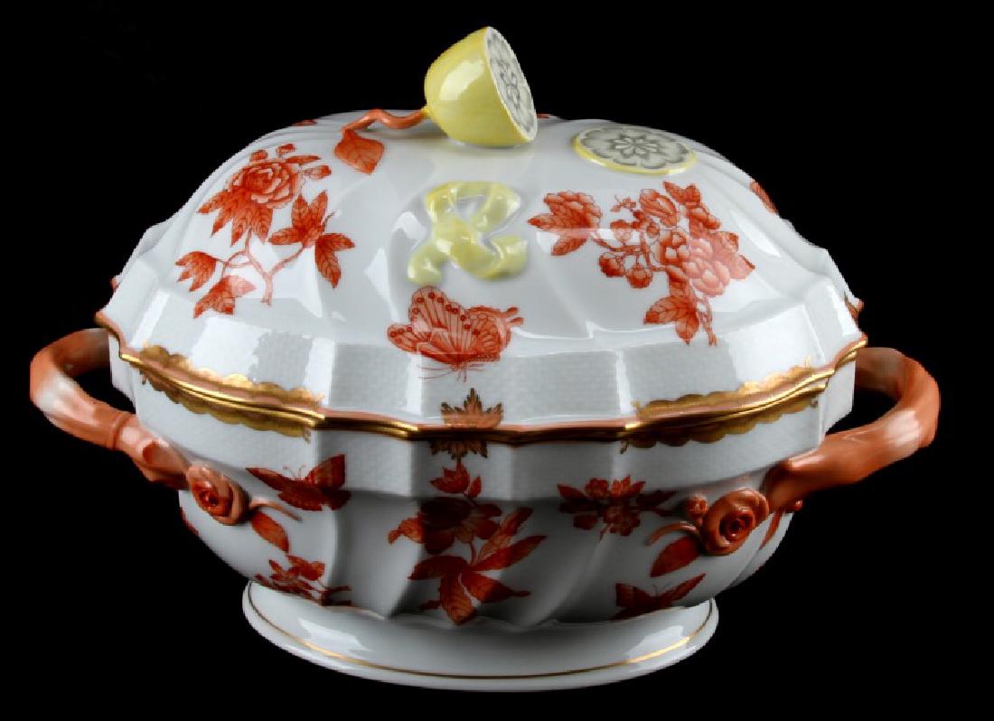 HEREND CHINESE BOUQUET RUST TUREEN 1014 W LEMON: Hungarian Herend hand-painted china soup tureen with handles and lid. Measures approximately 13 X 9 X 9.5 inches. Excellent condition. Damage free.