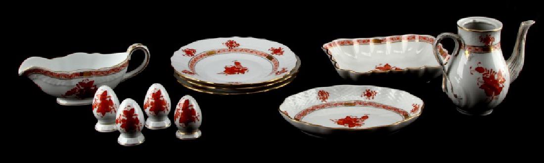 HEREND CHINESE BOUQUET RUST MIXED LOT 11 PIECES: Herend porcelain with floral pattern and 24KT gold accents. Includes: two salt shakers, two pepper shakers, one teapot without lid (5 inches, 1613 B), three 7.5 inch plates (1518 AOG), one gravy boat 