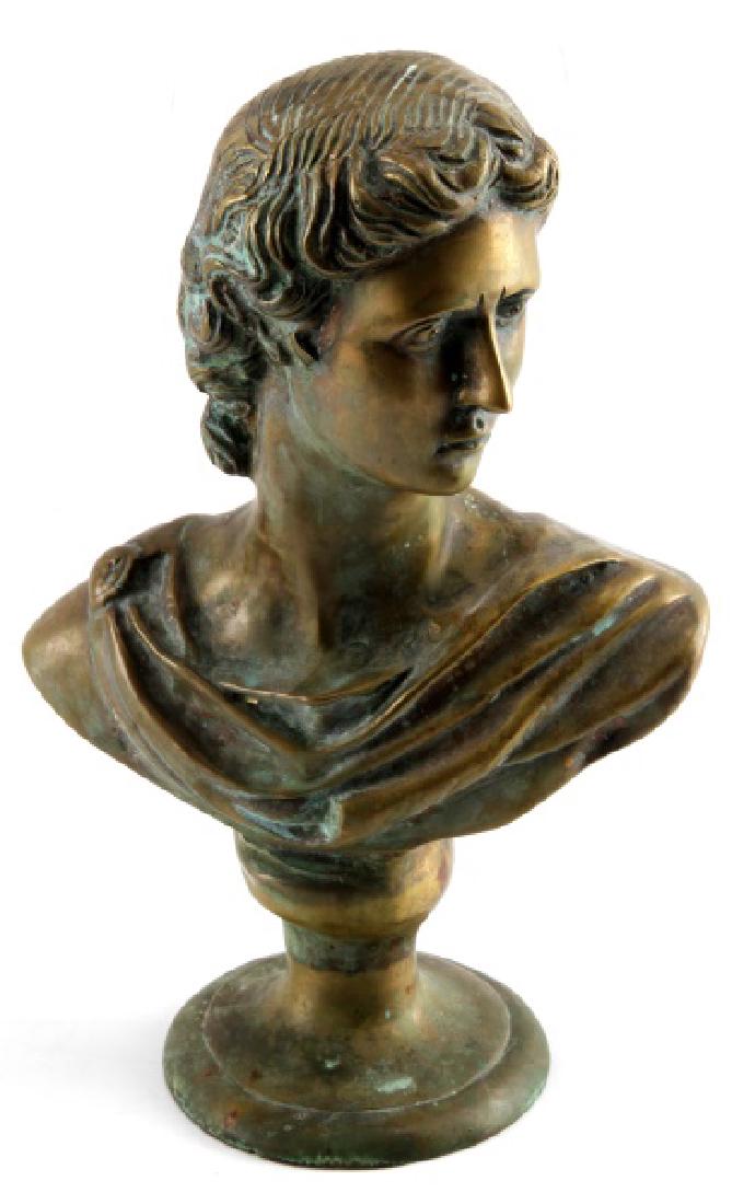 BRONZE BUST STATUE OF AUGUSTUS OR OCTAVIAN: Bust of a young Caesar Augustus or Octavian. Measures 11" tall and 7 1/2" across at the widest point. With patina throughout. Weighs 6.2 pounds.