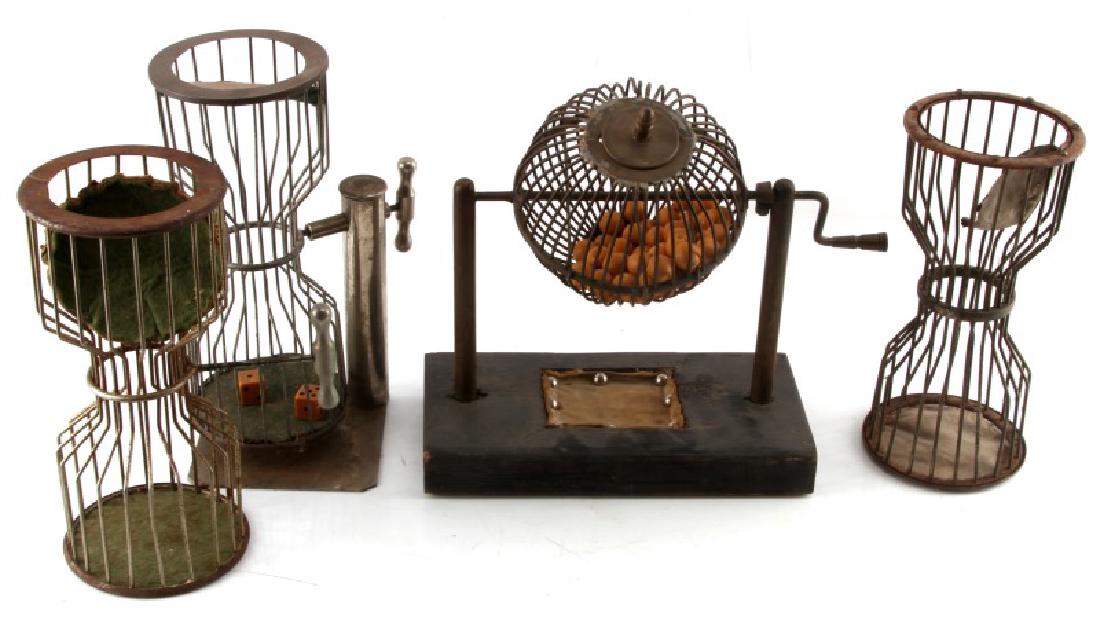 ANTIQUE CHUCK A LUCK DICE & BALL GAMBLING CAGE LOT: 4 Cages one very good condition probably 19th century with numbered balls 11 by 12 inches, 2 plain cages basket only, and 1 complete side handle, but has some heavy service wear and cardboard covers a