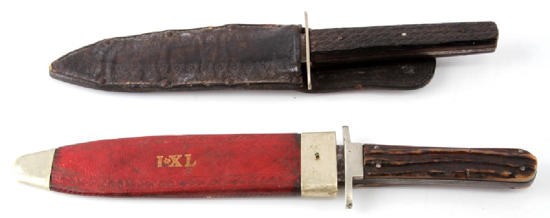 LOT OF 2 19TH CENTURY SHEFFIELD HUNTING KNIVES: One marked, "G. WOSTENHOLM & SON WASHINGTON WORKS SHEFFIELD", which measures 6 1/4", and measures 10 1/4". With a antler handle and a sheath, marked I XL. The second marked, "WILLIAM RODGER SHEFFIELD 