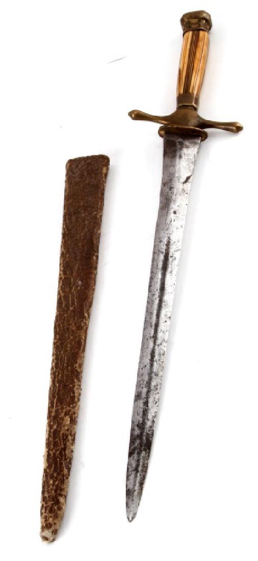 19TH CENTURY BONE HANDLE STILETTO DAGGER: Early edged weapon, possible as early as 18th century. Very good forged 11 inch blade, 15 inches overall. Early hand stitched sheath. Some play to grip otherwise very good.