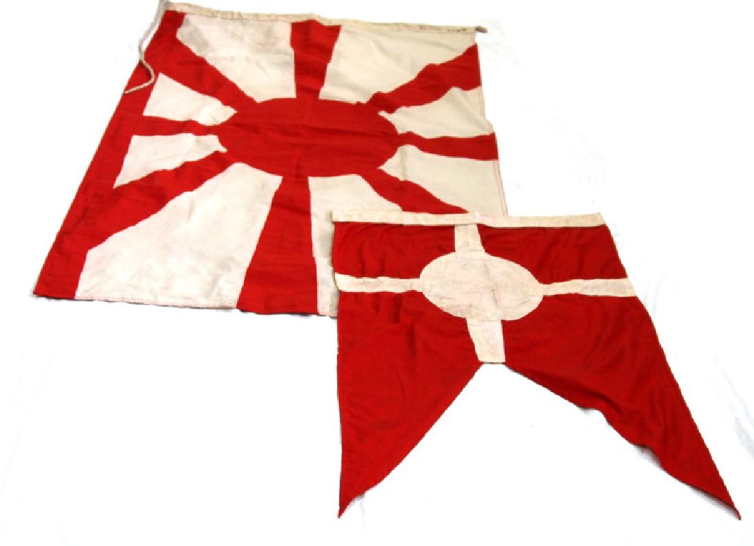 LOT WWII JAPANESE NAVY ADMIRAL FLAG & PENNANT: Lot of two (2) includes: WWII Japanese Navy Admiral flag and pennant. 1) Large Admiral flag (for Japanese destroyer). Some age wear and well marked on the rope side. Measures approx. 60" x 35". 2) Pen