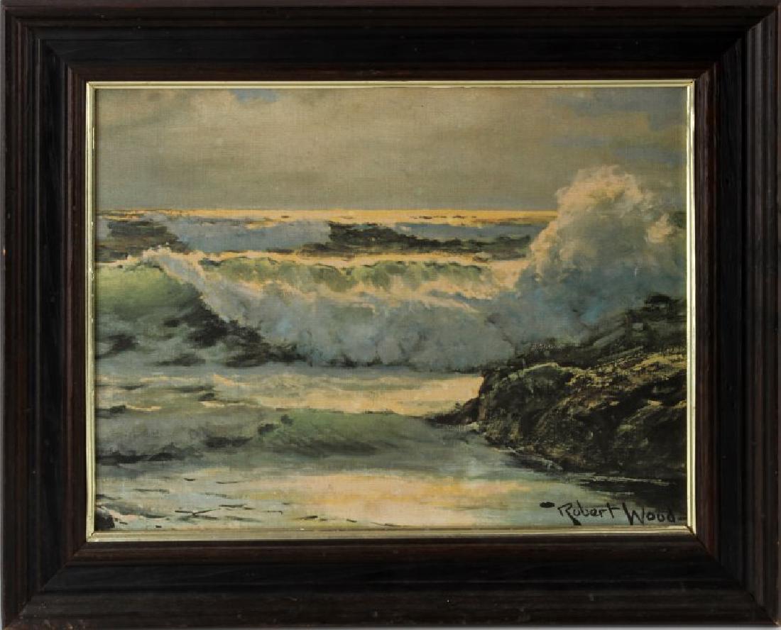 FRAMED ROBERT WOOD SEA SCAPE PRINT: Print measures 15 1/2" by 11 3/4", framed to 20" by 15 3/4". In good condition, with tear close to lower right, measures approximately 1/2". Please acquire third party shipping estimate prior to biddi