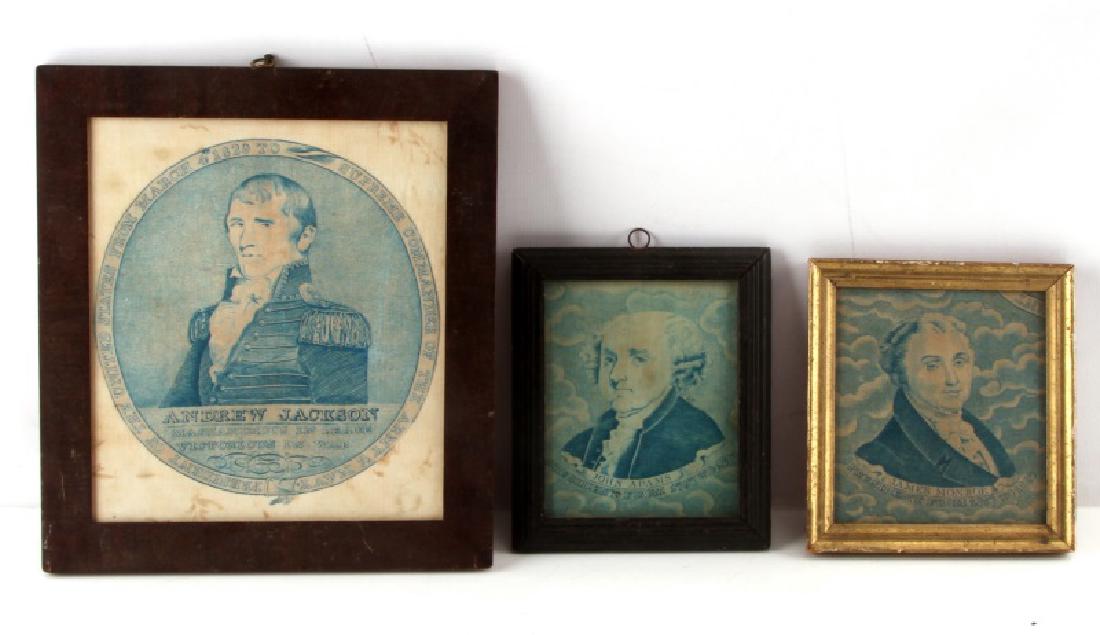 LOT OF THREE WOVEN PRESIDENTIAL DATED PORTRAITS: Woven Presidential portraits, in blue and white. One of James Monroe, measuring about 6-1/2" x 6-1/2". One of John Adams, measuring about 6" x 7". One of Andrew Jackson, measuring about 11-1/2" x 10".