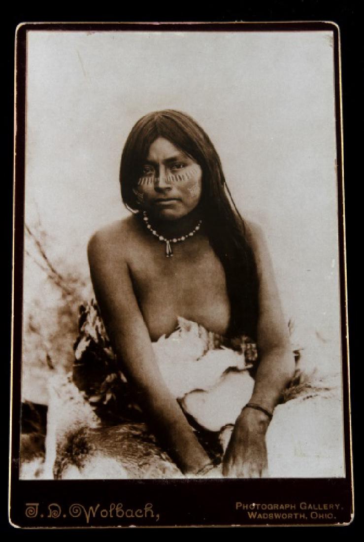 ANTIQUE NATIVE AMERICAN MAIDEN PHOTO STUDIO CARD: Antique Native American presumably from the Pima tribe by the J.D Wolbach Co. In Wadworth Ohio. The writing on the obverse of the studio card is illegible besides the date 1894. Part of a private coll