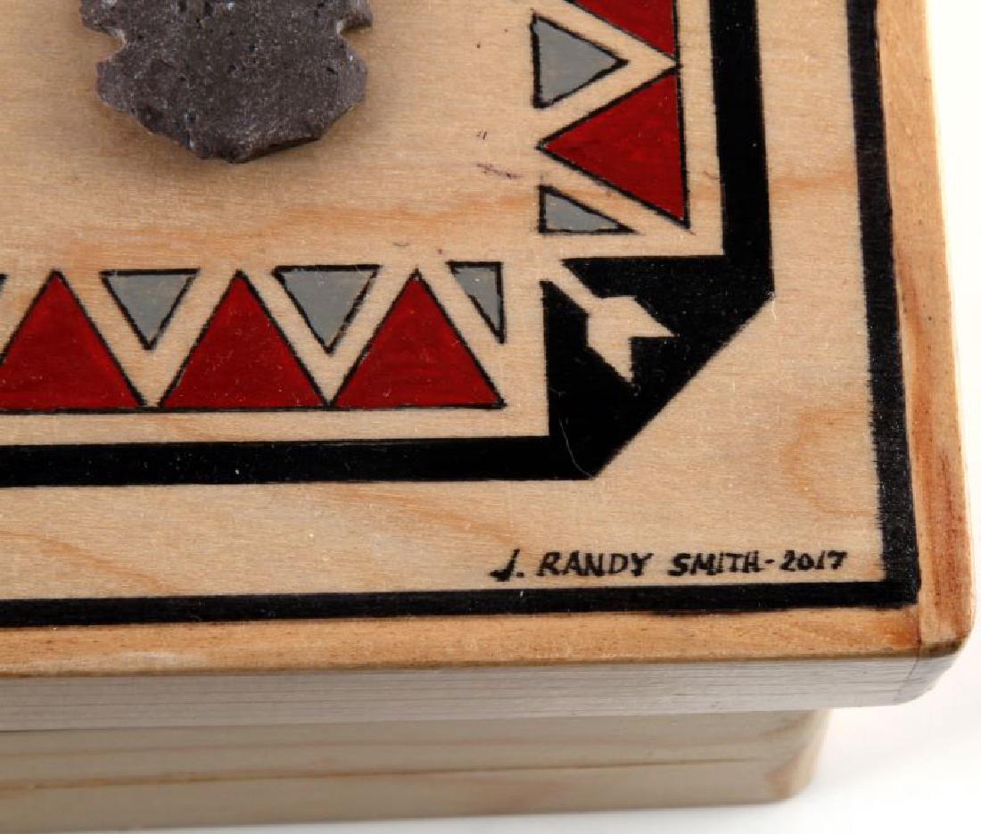 RANDY SMITH HAND MADE WOODEN ARROWHEAD DECOR BOX: Handmade artisan crafted wooden box by tallahassee artist Randy J. Smith as signed on bottom righthand corner of box. This box measures 4 3/4'' by 2 1/2'' by 4'' and bears a traditional Native America