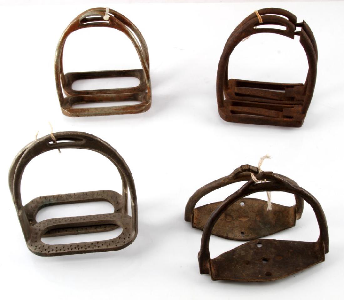 ANTIQUE LOT FOUR PAIRS OF HORSE STIRRUPS: One Spanish brass pair, which has a height of 4". Another pair stamped, "CBM NEVER RUST". They range from fair to very good condition.