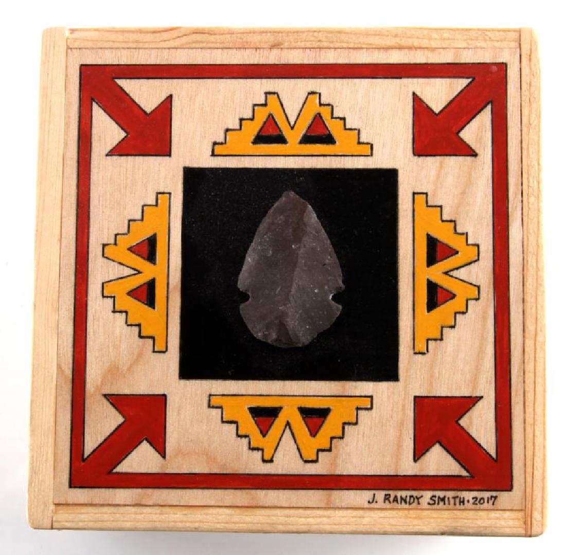 SMALL HAND MADE PINE & BIRCH TRIBAL ARROWPOINT BOX: Handcrafted small square box Made of Cedar, Pine & Birch Hand milled by artist, from the Native American Collection this particular box features the painted border designs with red , yellow & black, p