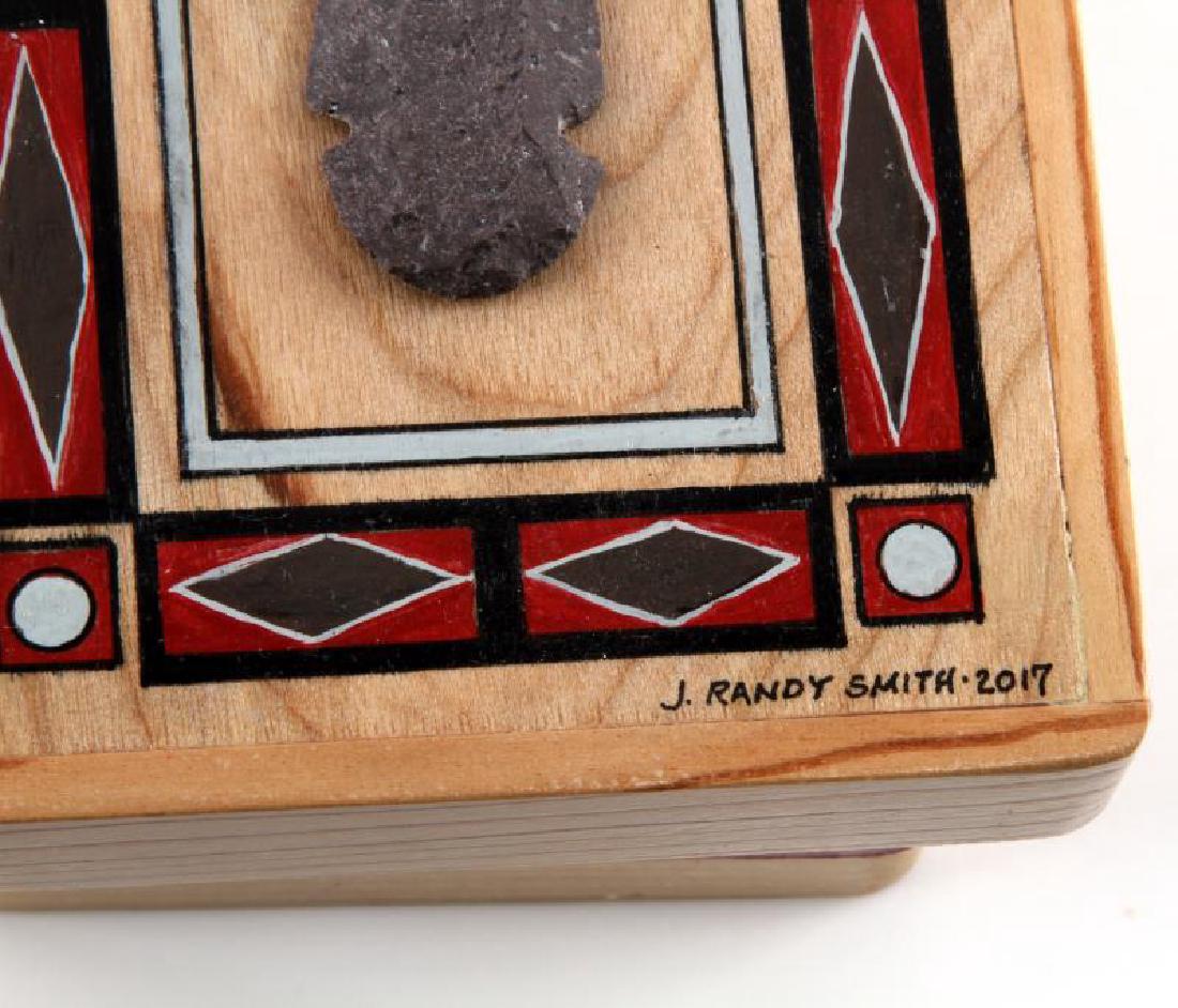 NATIVE AMERICAN COLLECTION WOODEN ARROWPOINT BOX: Handcrafted small rectangular box Made of Cedar, Pine & Birch Hand milled by artist, from the Native American Collection this particular box features the painted border designs with red , grey, brown