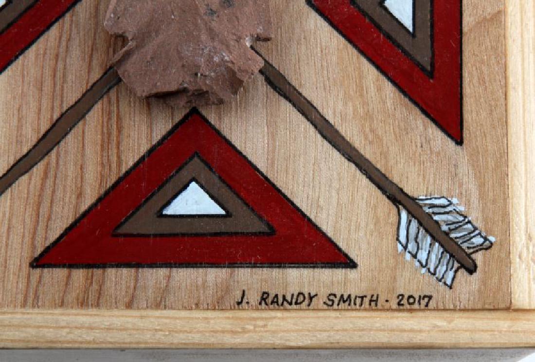 ARROWPOINT DECORATED BIRCH & PINE WOOD PAINTED BOX: Artfully crafted small square shaped box Made of Cedar, Pine & Birch Hand milled by artist, from the Native American Collection this particular box features the painted spear & triangle border designs