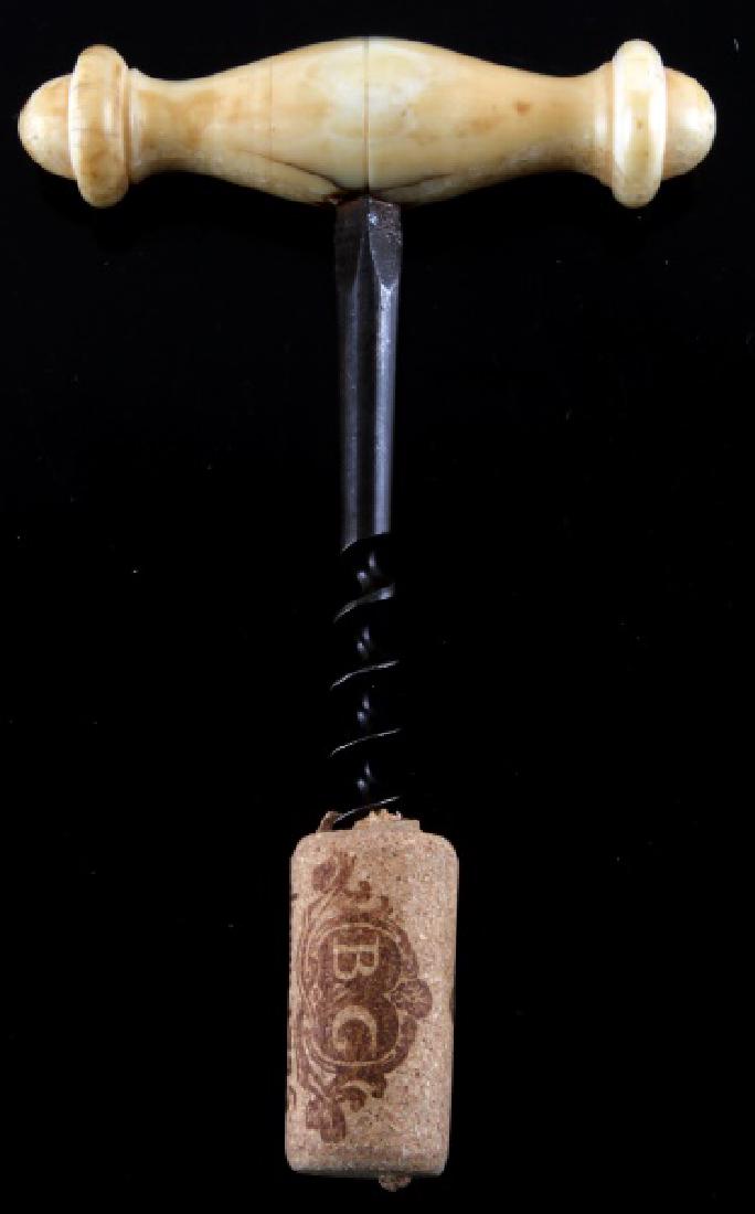 ANTIQUE WALRUS TUSK HANDLE VICTORIAN CORKSCREW: Nicely patinated and well carved, handle measures 4 inches.