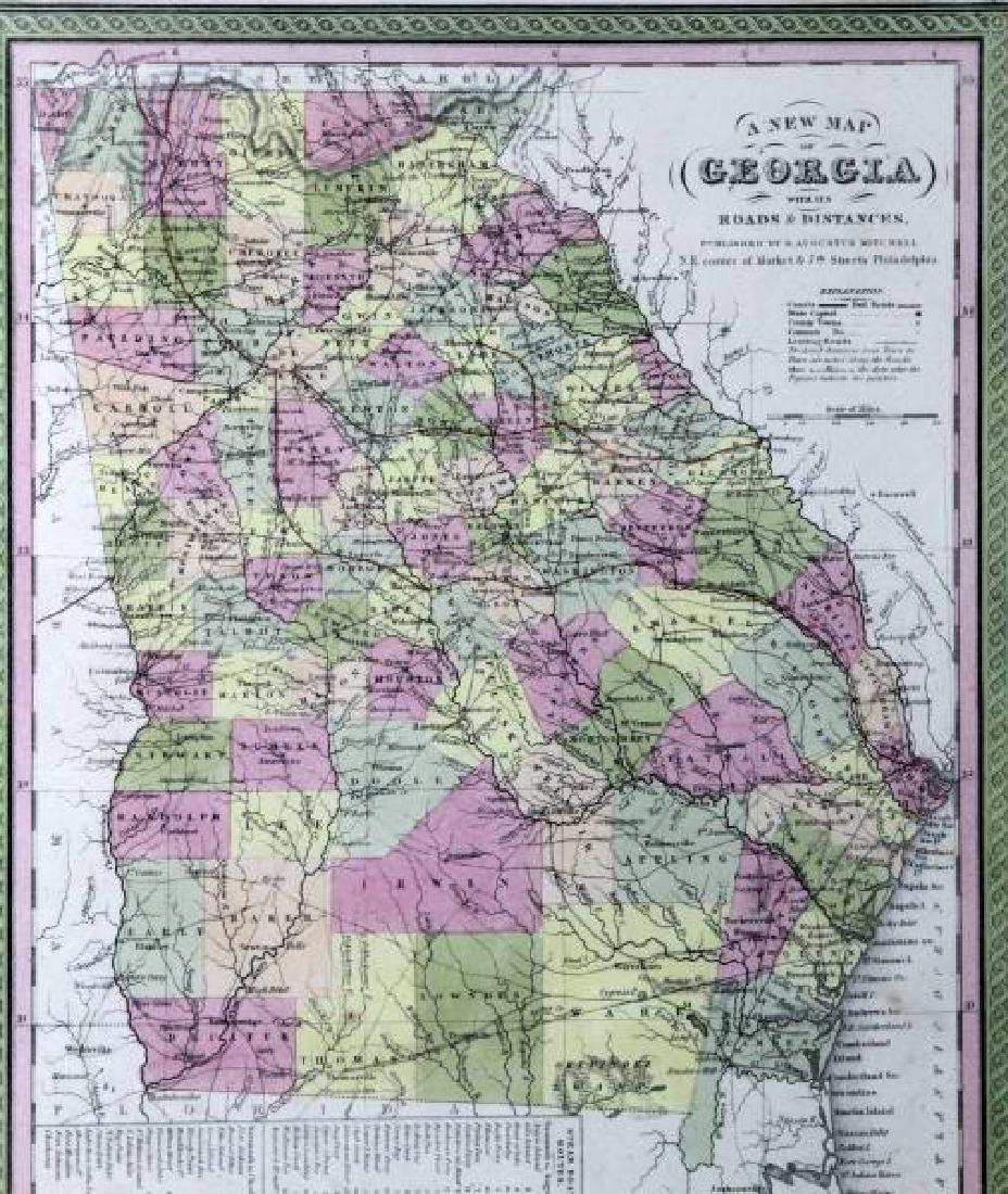 NEW MAP OF GEORGIA FRAMED LITHOGRAPH TANNER ATLAS: Later issue framed and matted color lithograph of "A New Map of Georgia with its Roads & Distances" from Tanner's New Universal Atlas of the World", by S.A. Mitchell, editor. Published by Thomas, Cowp