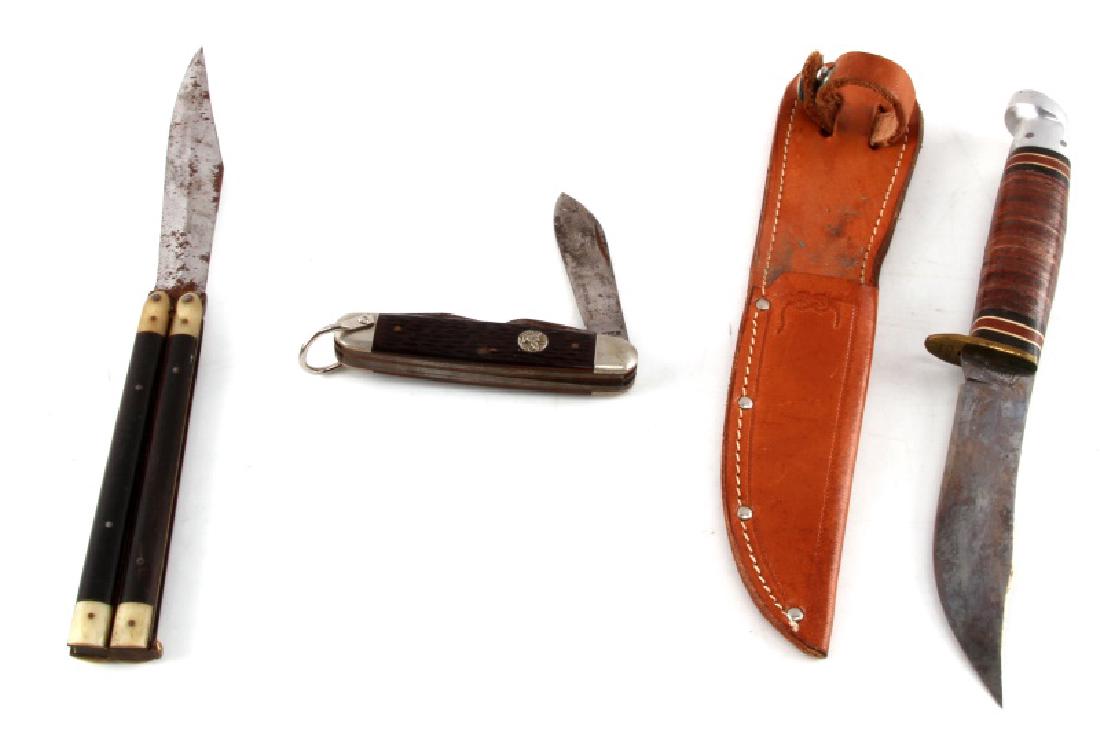 LOT OF 3 VINTAGE KNIVES ULSTER BOY SCOUT BOWIE: Three knives: Ulster 4-blade pocket knife with Boys Scouts of America faintly legible on blade, 8.75 inch Bowie Boy Scout knife with leather sheath, and one unmarked knife that folds down into horn an