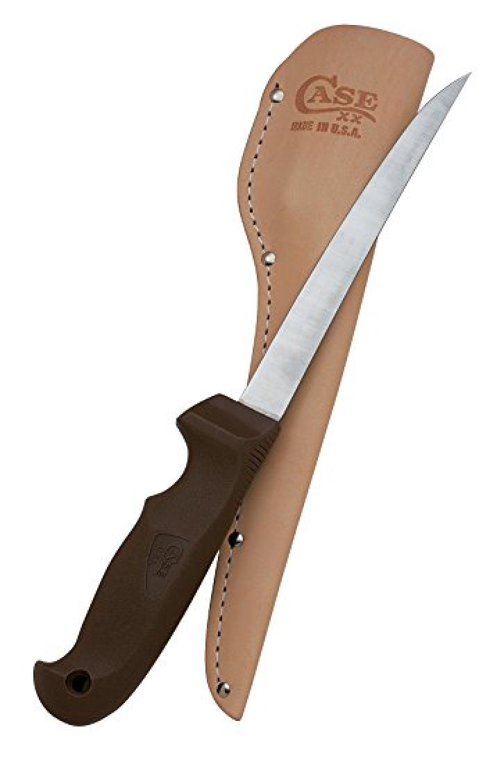 CASE XX CUTLERY 00342 FILET KNIFE WITH SHEATH: One black synthetic handle filet knife with a tan leather sheath. Item is new in box.