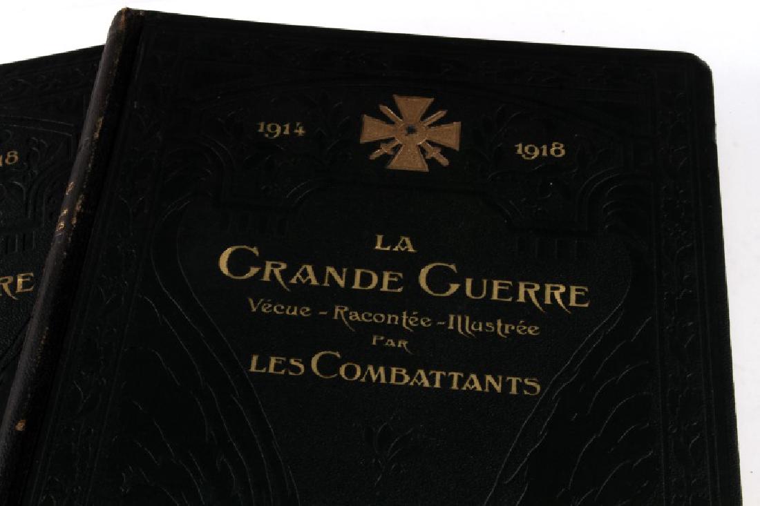 LA GRANDE GUERRE LES COMBATTANTS VOLUMES I & II: Antique French book on the first world war titled "La Grande Guerre Les Combattants" Volumes I & II both in green leather bound hardcover exterior marked above the books title.