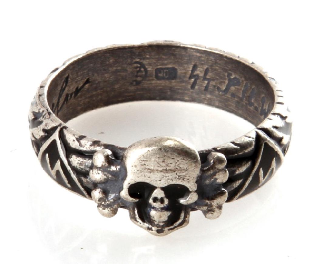 GERMAN WWII 3RD REICH SS HONOR RING HIMMLER SIGNAT: German WWII Third Reich period SS honor ring. Has signature of Heinrich Himmler, date of the award, and name of the recipient engraved inside of the ring. has silver & maker's markings. Size 10.5. Una
