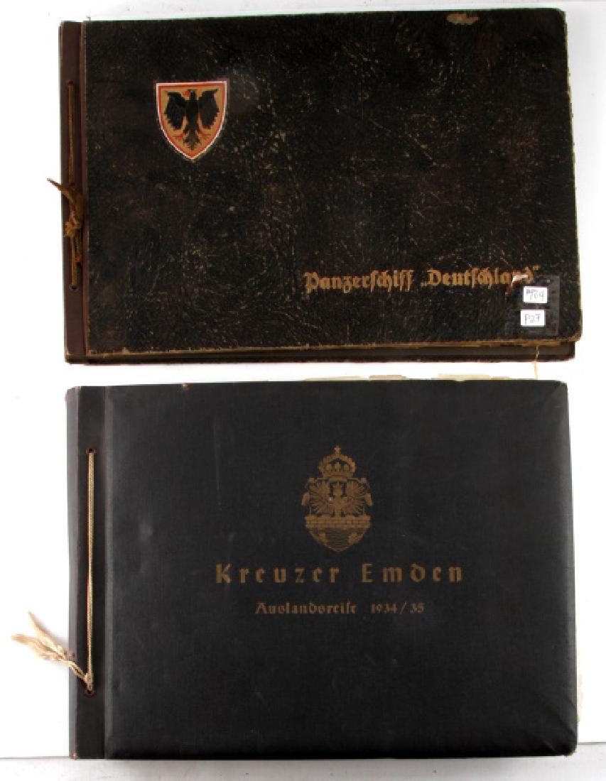 2 PRE AND EARLY WWII GERMAN REICH PHOTO ALBUMS: 200 Plus black and white photos. Attached to paper pages bound by string or rope. Pages have some discoloration and minor tares. Covers show signs of shelf wear but overall in good condition. Mostly n