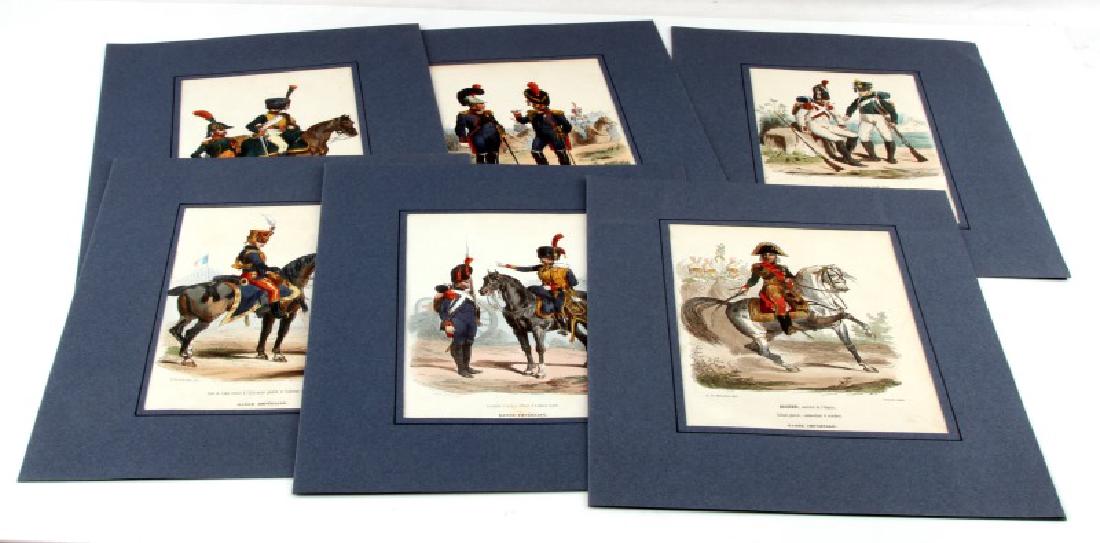 6 HAND COLORED NAPOLEONIC ARMY LACOSTE ENGRAVINGS: Measuring 8 by 5 excluding matte, hand colored French military images.